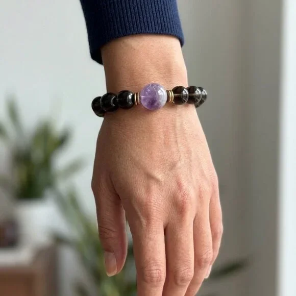 Large Unisex Smoky Quartz & Amethyst Statement Bracelet - 21mm - Picture 2 of 7